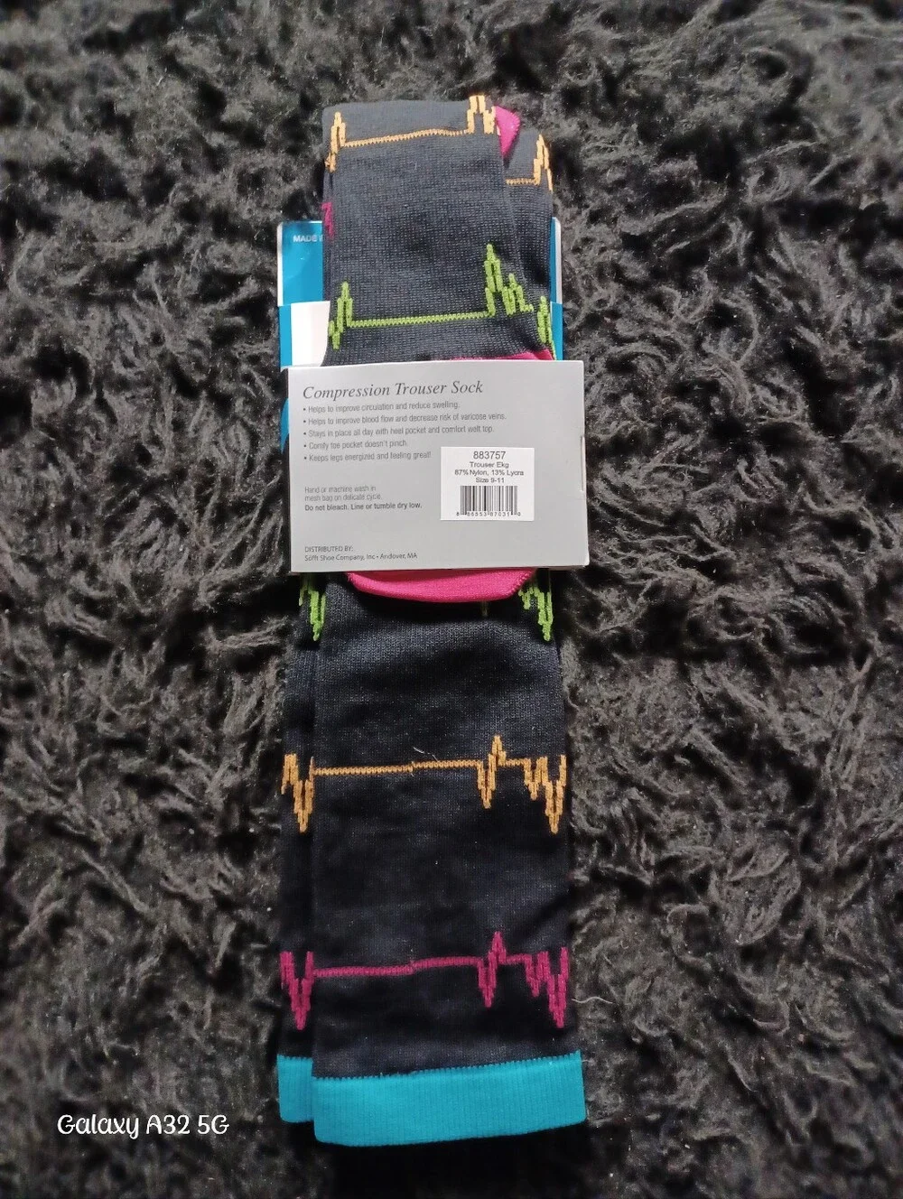 Nurse Mates Black Compression Trouser Socks with Multicolor Heartbeat Stripes